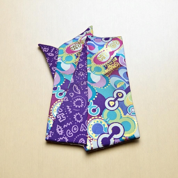 Vintage Coach Purple/Pink/Gold Silk Scarf with Funky Coach Pattern - Picture 1 of 1